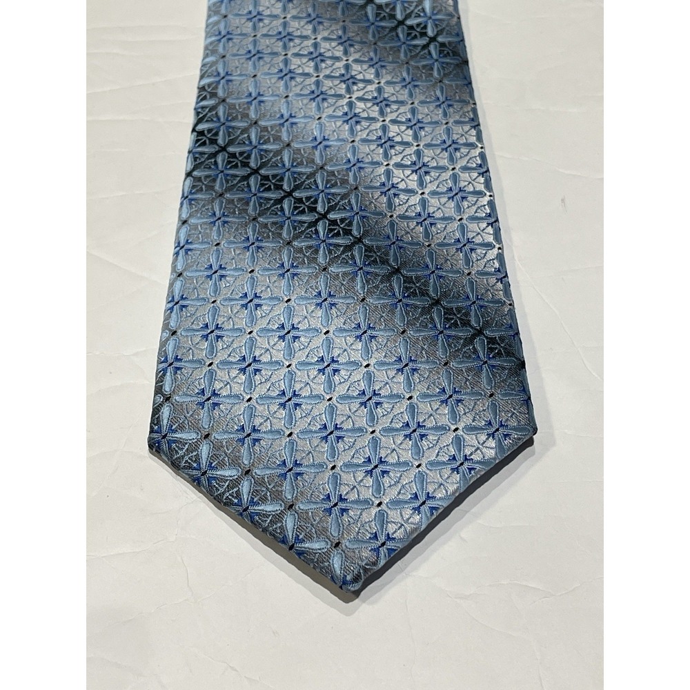 GIANFRANCO Italy Mens Necktie Blue Silver Geometric Jacquard Woven Silk Tie